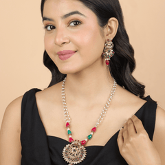 Red & Green Kundan Necklace with Earrings