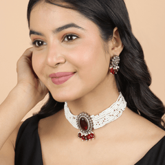 Red Stone Pearl Choker with Earrings - Rukhmani