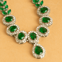 Fancy Silver Plated Green American Diamond Necklace Set With Earrings - Rukhmani