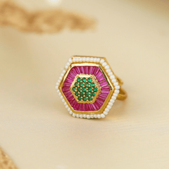 Beautiful Design Gold Plated Pearl and Pink Hexagonal Rings - Rukhmani