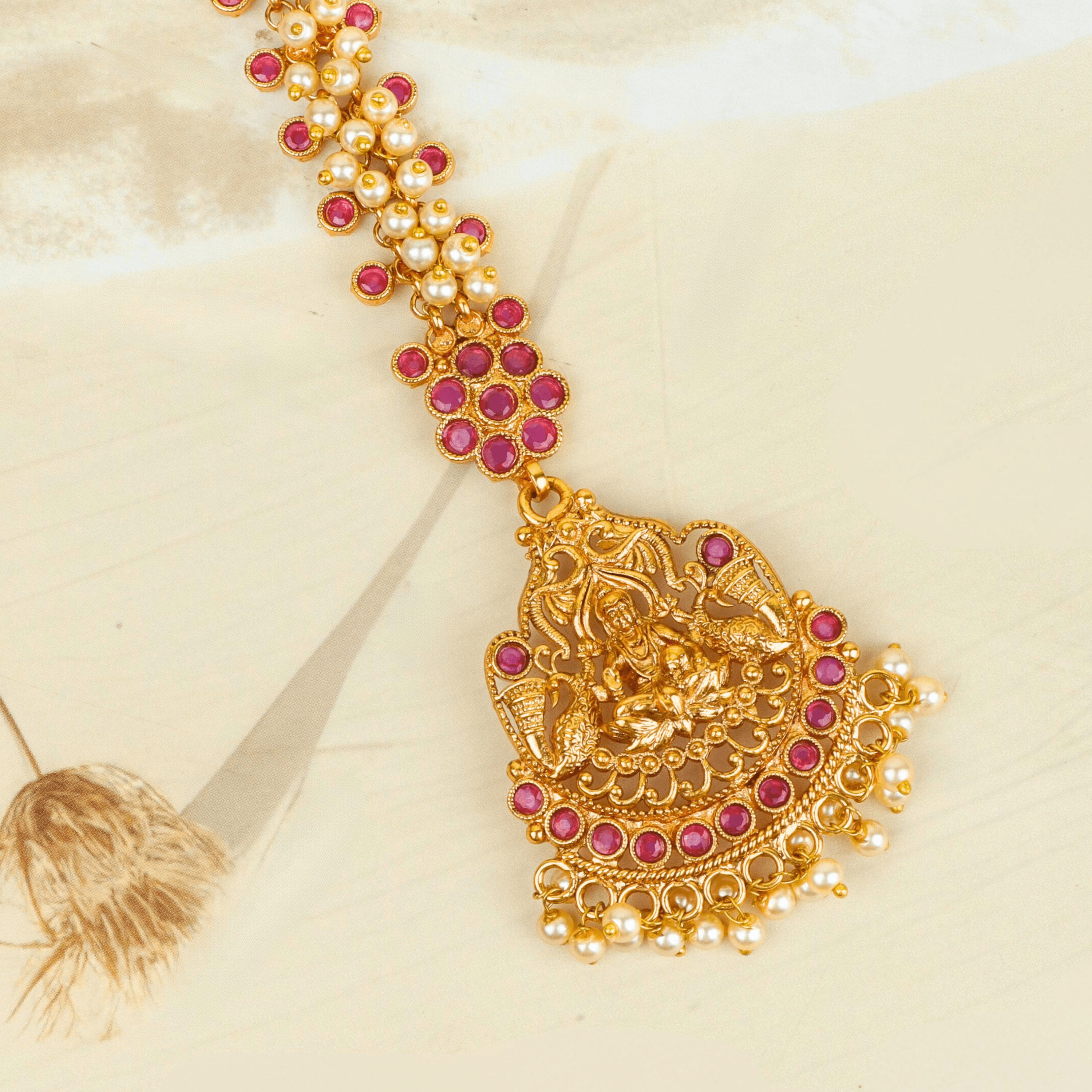 Gold Plated Divine Red Stone Kundan Rajwadi Mangtika - Rukhmani