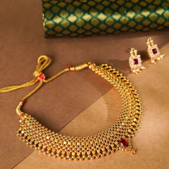 Rukhmani's Artisan Gold Plated Maharashtrian Red Stone Thushi - Rukhmani