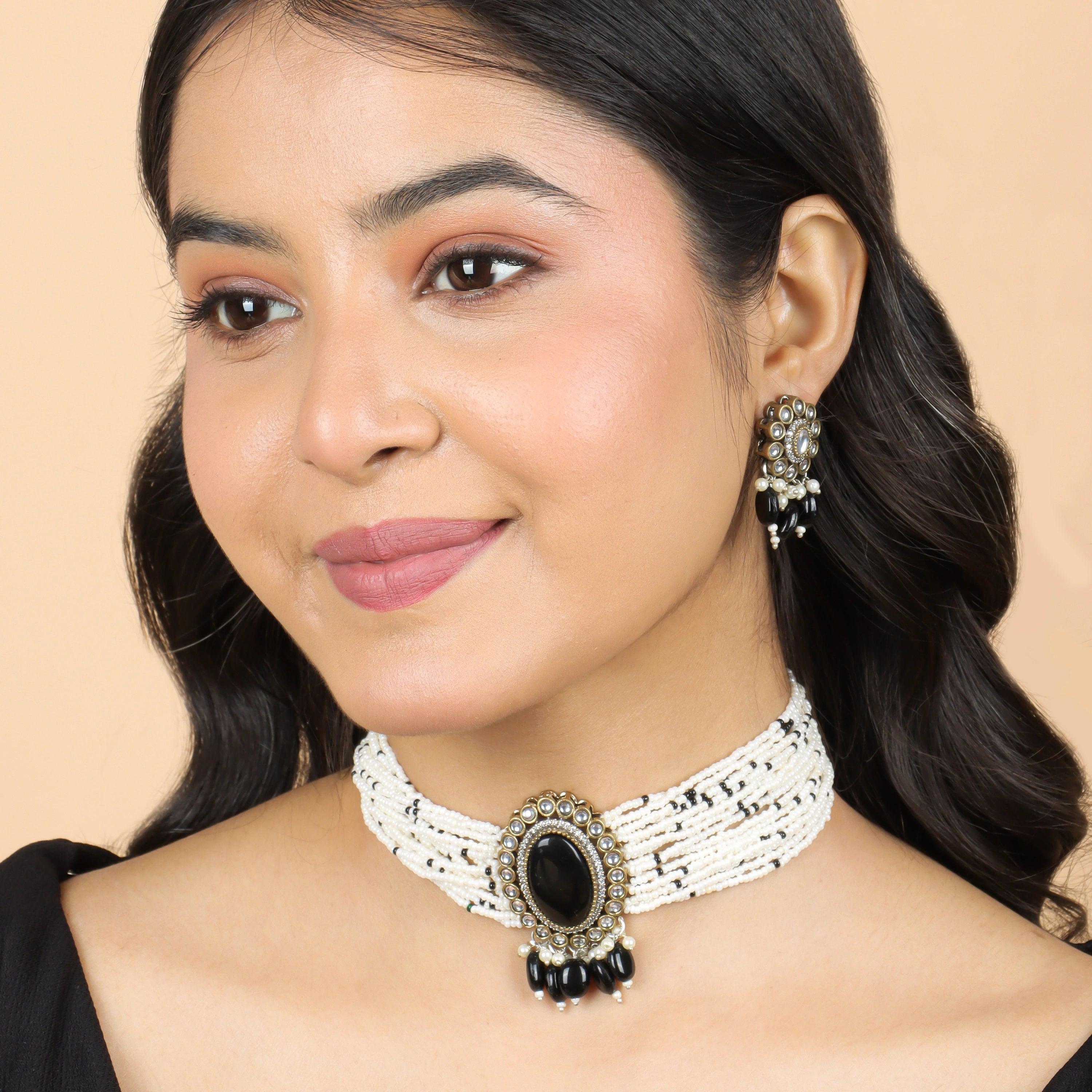 Black Kundan Pearl Choker with Earrings - Rukhmani