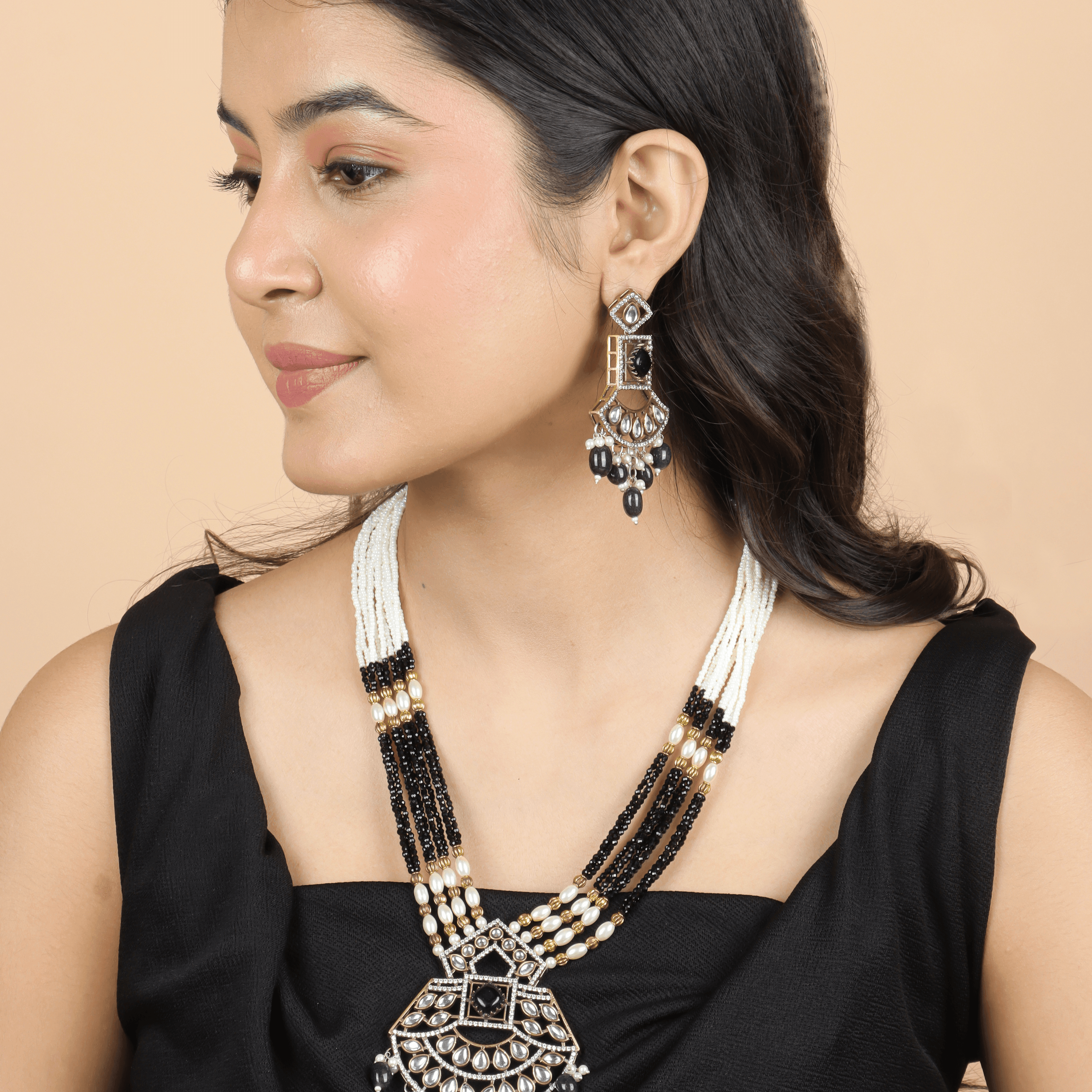 Black Beaded Kundan Necklace With Earrings - Rukhmani