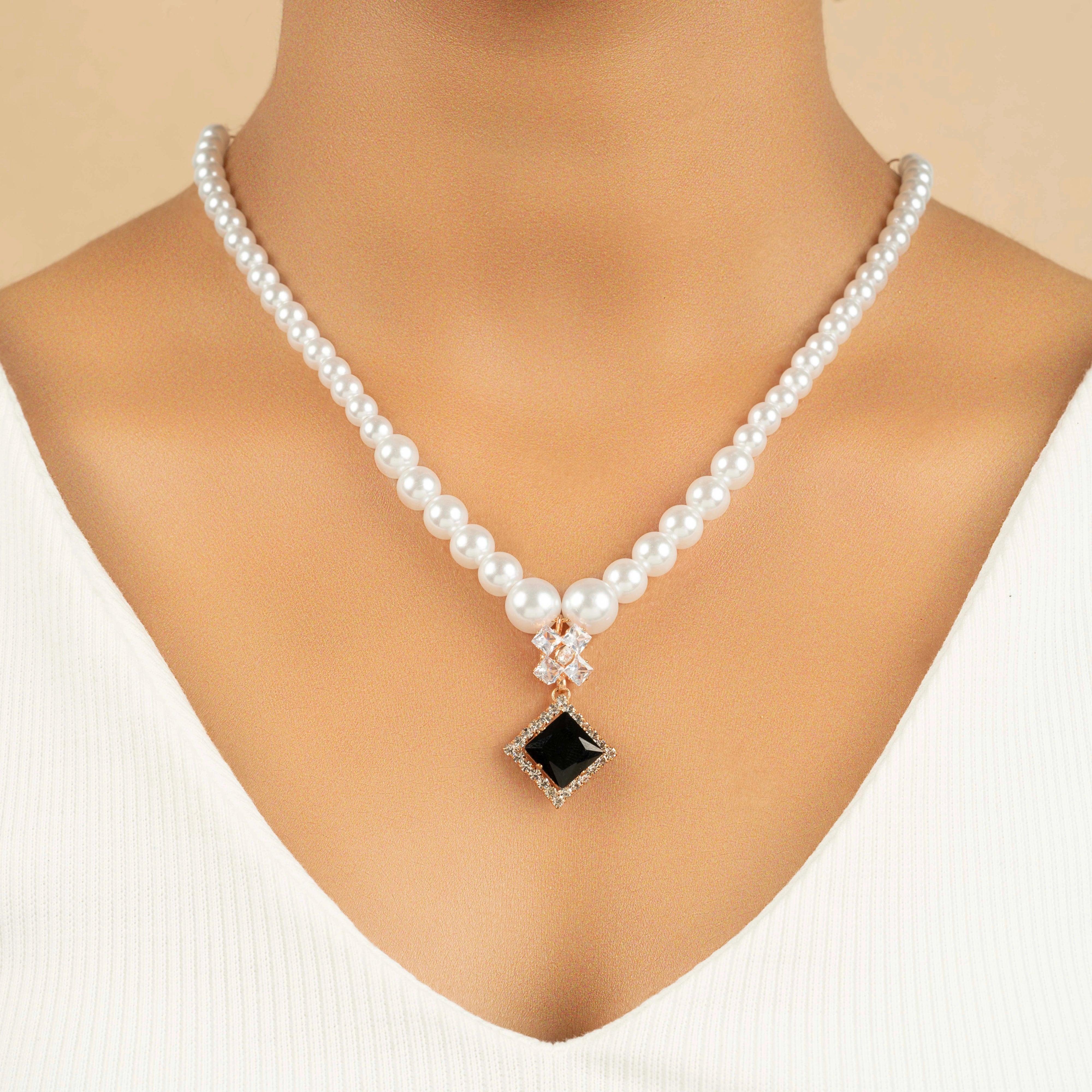 Black Diamond Pendant Gold Plated White Pearl Mala With Earrings - Rukhmani