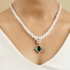 Green Diamond Pendant White Pearl Mala With Earrings - Rukhmani