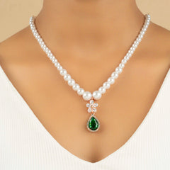 Green Pearl and Sapphire Wedding Back Necklace with Pearl and Crystal Earrings - Rukhmani