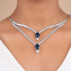 Fancy Double Layer Silver Plated Blue And Clear Diamond Necklace Set With Earrings