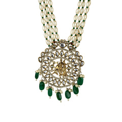 Radha Krishna Green Stone Long Rajwadi Necklace With Earrings