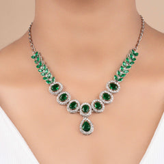 Fancy Silver Plated Green American Diamond Necklace Set With Earrings