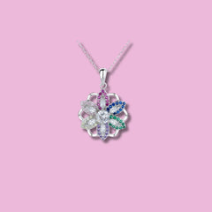Multicolor Floral Pendant in 925 Sterling Silver with CZ Stones