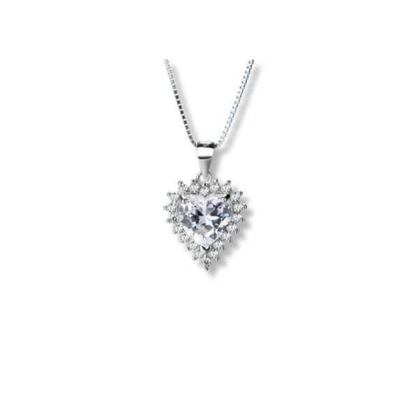 Heart-Cut CZ Halo Pendant in 925 Sterling Silver
