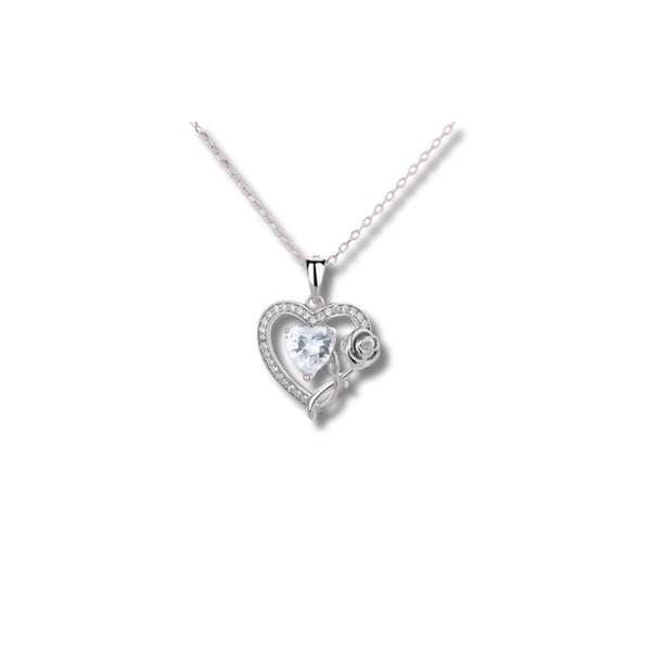 925 Silver Heart Pendant with Crystal and Rose Detail