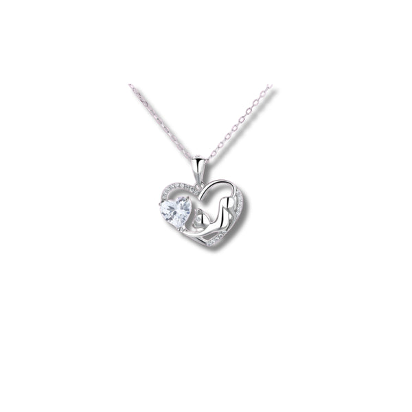 925 Silver Mother and Child Heart Pendant with Crystal Accent