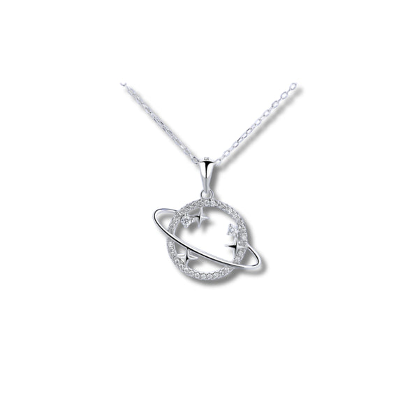 925 Silver Planet and Stars Pendant with Crystal Circle