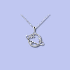 925 Silver Planet and Stars Pendant with Crystal Circle
