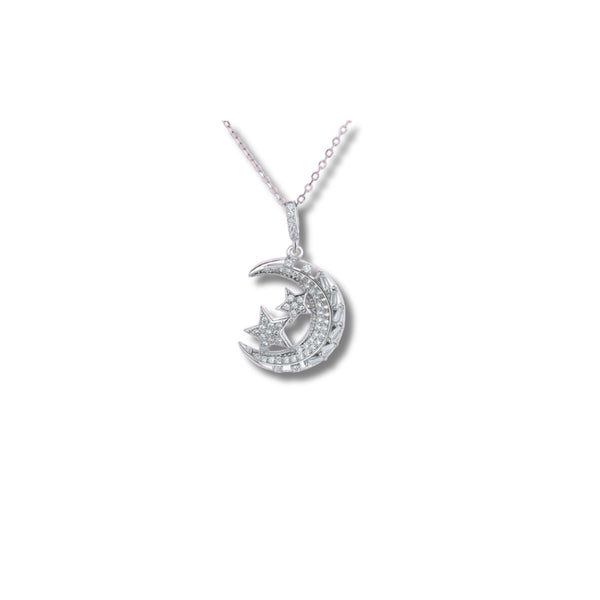 925 Silver Crescent Moon and Stars Pendant with Crystal Detailing