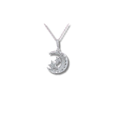 925 Silver Crescent Moon and Stars Pendant with Crystal Detailing