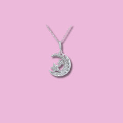 925 Silver Crescent Moon and Stars Pendant with Crystal Detailing