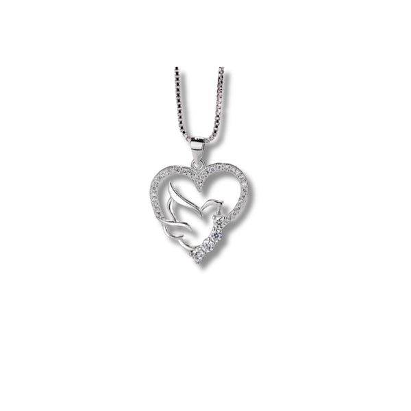 925 Silver Dove and Heart Pendant with Crystal Accents